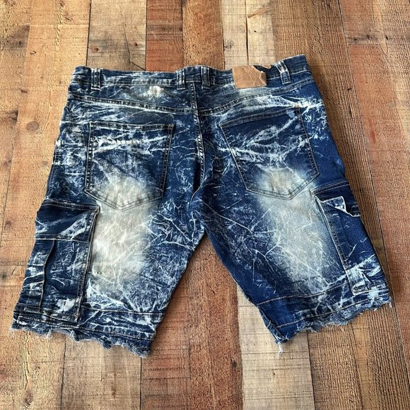 Vintage Style Acid Wash Denim Cargo Shorts Distressed Frayed Hem Waist Sz 36 - Picture 6 of 6